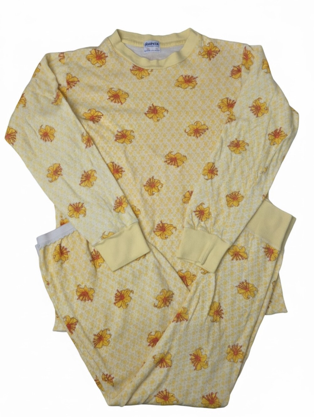 Vintage 1970s Duofold Thermal Pajama Set Womens Small Yellow Floral 2 Piece